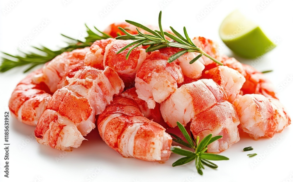Freshly Cooked Shrimp Garnished with Rosemary and Lime Wedges on a White Background Perfect for Culinary and Seafood Dish Imagery Freshly Cooked Shrimp Garnished with Rosemary and Lime Wedges on a White Background Perfect for Culinary and Seafood Dish Imagery