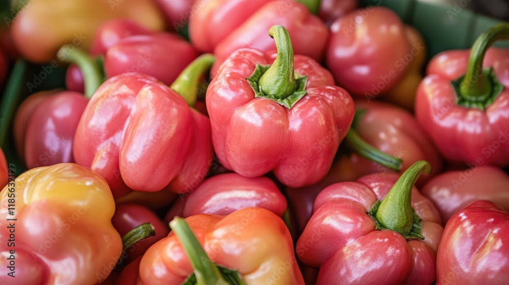 Vibrant assortment of fresh pink and yellow bell peppers beautifully arranged in a rustic market setting showcasing healthy produce. Vibrant assortment of fresh pink and yellow bell peppers beautifully arranged in a rustic market setting showcasing healthy produce.