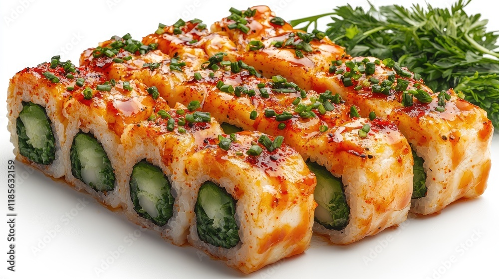 Close-up of vibrant sushi rolls with glossy orange sauce and green herb garnish, showcasing fresh vegetables and appealing textures