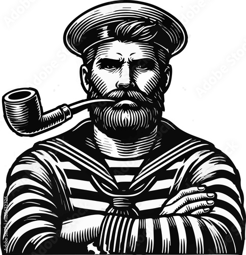 sailor with pipe  sketch engraving black and white outline. Scratch board imitation.