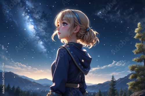 Anime girl gazing at starry night sky over mountains.