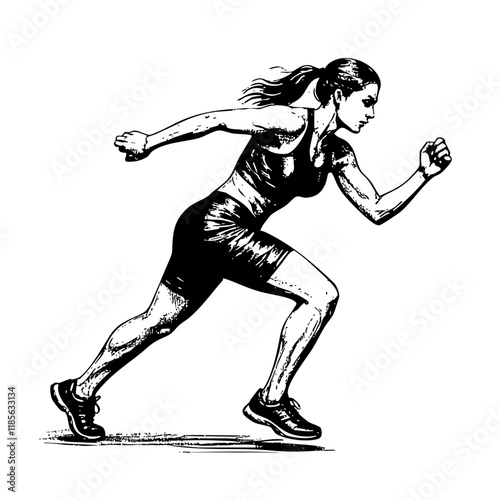 woman running sketch engraving black and white outline. Scratch board imitation.