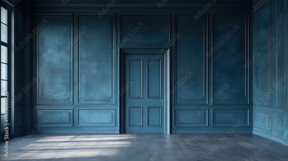 Serene Blue Room with Open Door Allowing Natural Light and Creating a Calm Ambiance for Interior Design or Artistic Concepts Serene Blue Room with Open Door Allowing Natural Light and Creating a Calm Ambiance for Interior Design or Artistic Concepts