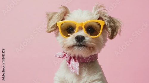 Playful puppy wearing yellow sunglasses and a pink scarf against a vibrant pink background capturing summer fun and joy. photo