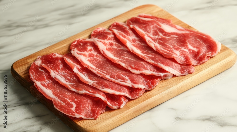 Sliced raw meat arranged on a wooden cutting board showcasing fresh food preparation concept Sliced raw meat arranged on a wooden cutting board showcasing fresh food preparation concept
