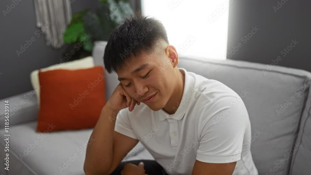Young man relaxing on a couch in a modern living room with a white shirt and an orange pillow on the sofa in a cozy home environment Young man relaxing on a couch in a modern living room with a white shirt and an orange pillow on the sofa in a cozy home environment