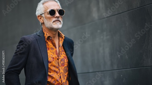 Stylish senior man in sunglasses and trendy attire showcasing modern lifestyle and confidence with space for your text and branding photo