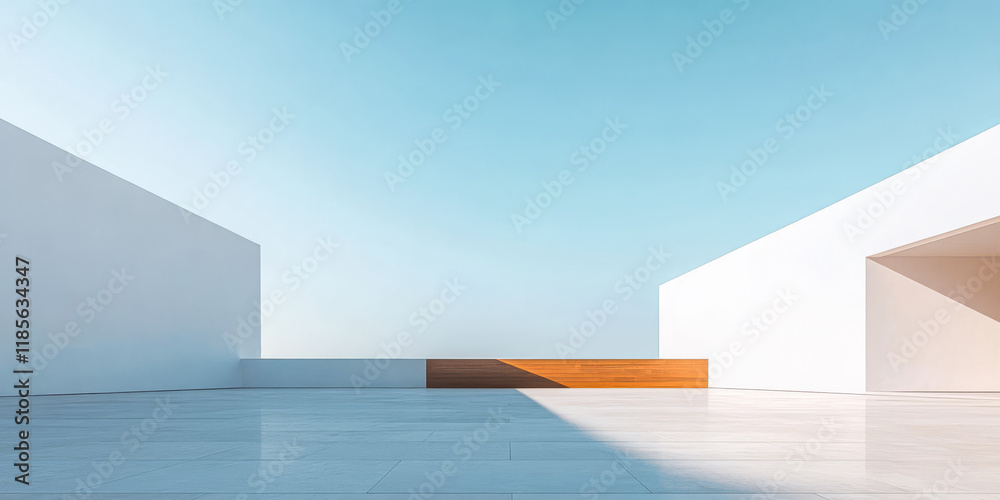 Minimalist architectural design with clear skies and sunlight in a serene outdoor space Minimalist architectural design with clear skies and sunlight in a serene outdoor space