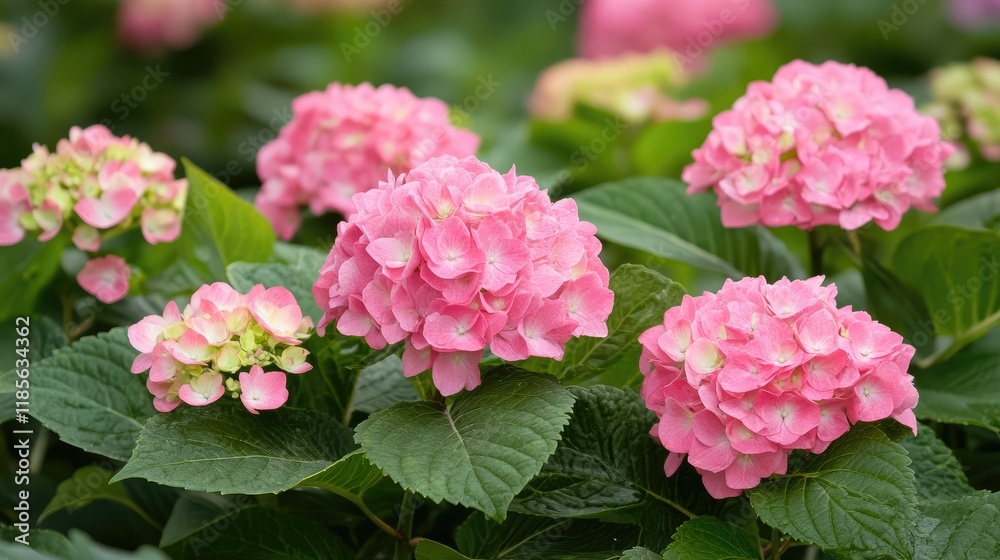 Close up of vibrant pink hydrangea flowers surrounded by lush green leaves showcasing nature's beauty and delicate floral details.