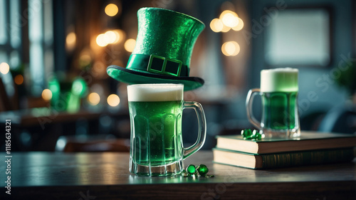 st patricks day celebration, warm corner of irish pub with shining green beer glasses, wooden decoration.