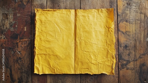Close up of an open book with crumpled yellow pages on a rustic wooden background highlighting rich textures and authenticity