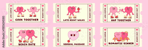Love coupon set with cute hearts character in retro groovy style. Valentines day, February 14 and other love holiday. Horizontal vector illustration with quote photo