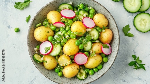 Fresh garden vegetable salad with new potatoes green peas cucumbers and radishes served in a bowl on a light background top view