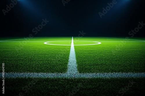 Football field with vivid green grass, central white markings, dramatic lighting on a dark background. Concept of sports and competition. Ai generative
