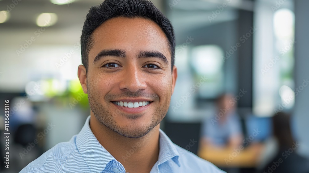 Obraz premium Professional male call center agent smiling confidently in modern office environment showcasing customer service excellence and teamwork.