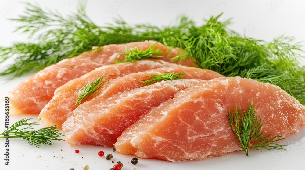 Raw pork schnitzel marinated with fresh dill and spices ready for cooking on a white background. Raw pork schnitzel marinated with fresh dill and spices ready for cooking on a white background.