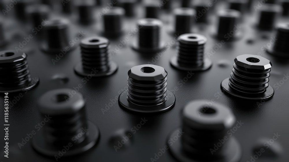 Close-up view of multiple black bolts and nuts secured on a steel plate highlighting industrial design and precision engineering elements Close-up view of multiple black bolts and nuts secured on a steel plate highlighting industrial design and precision engineering elements