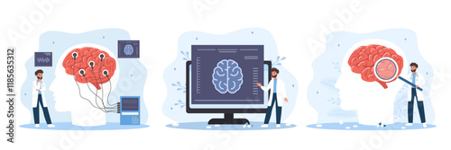 Neurologist concept. Man in medical uniform diagnoses and monitors treatment of brain diseases. Neurology check up. Set of Vector illustrations in flat cartoon style.