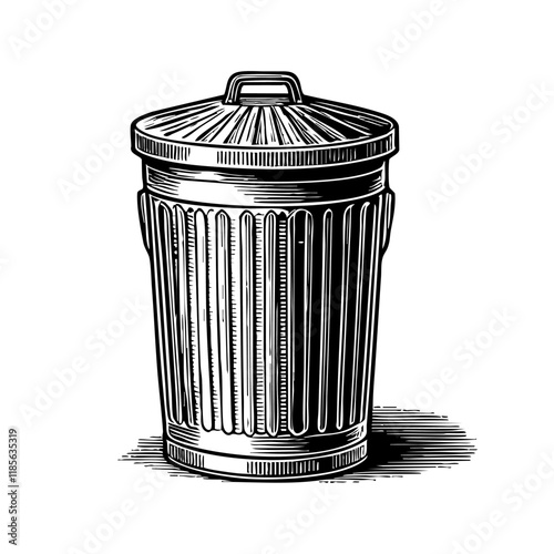 trash can sketch engraving black and white outline. Scratch board imitation.
