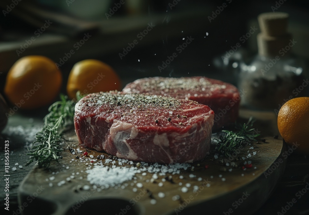 Freshly Cut Red Meat on Rustic Wooden Board with Herbs and Citrus, Perfect for Culinary Photography, Grilling, and Cooking Inspiration in Various Settings