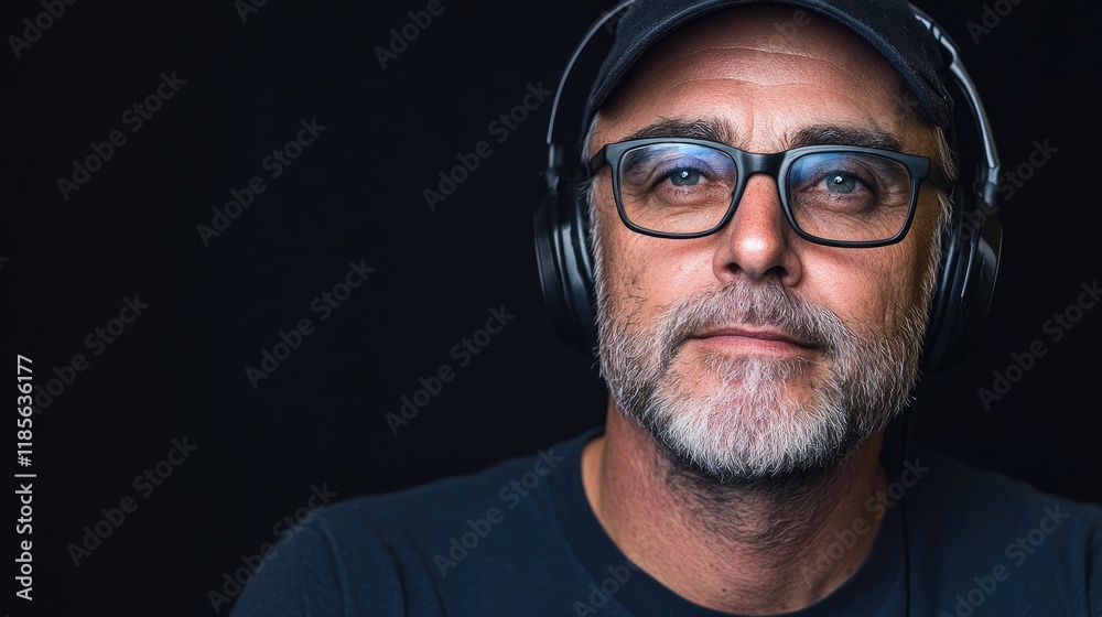 Obraz premium Professional male IT technician wearing a headset with glasses in a studio setting against a dark background showcasing a tech-savvy vibe