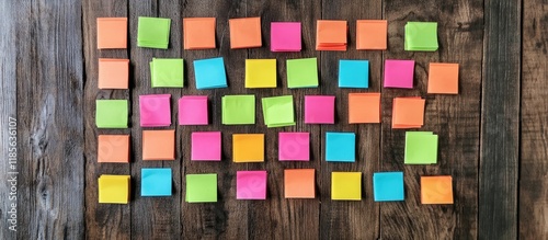 House cleaning concept illustrated with colorful sticky notes arranged harmoniously on a wooden table promoting organization and productivity tips photo