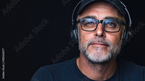 Professional male IT technician wearing a headset with glasses in a studio setting against a dark background showcasing a tech-savvy vibe