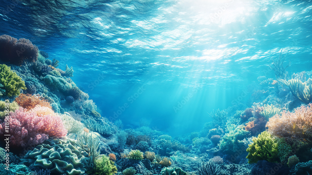 Fototapeta premium Vibrant coral reef under sunlit ocean waves.