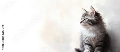 Fluffy playful kitten with bright eyes resting against a soft light background perfect for pet lovers and animal enthusiasts photo