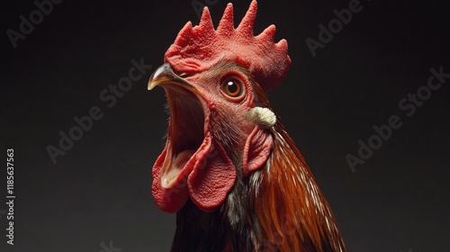 Crowing red and black Cock Red Cuy rooster profile portrait against dark studio background highlighting vivid colors and details. photo