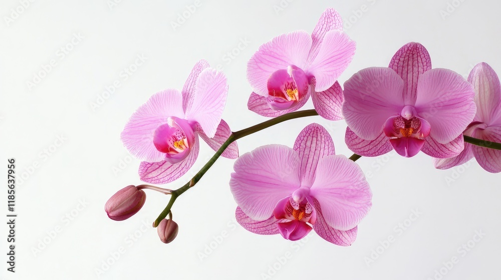 Delicate pink orchid branch with blooming flowers on a clean white background showcasing natural beauty and elegance in floral photography.