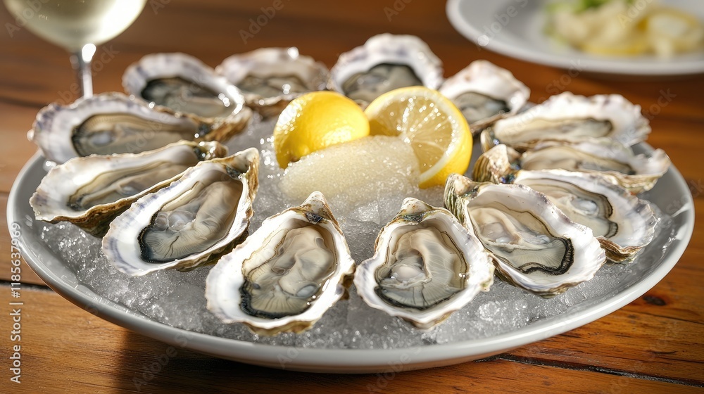 Fresh raw oysters on ice served with lemon slices and a glass of white wine for an elegant seafood dining experience. Fresh raw oysters on ice served with lemon slices and a glass of white wine for an elegant seafood dining experience.