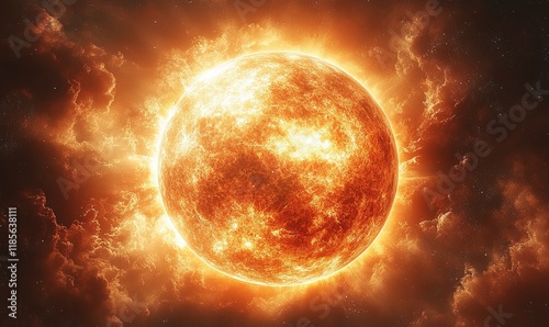 A vibrant depiction of the sun radiating energy amidst cosmic clouds, showcasing the beauty of celestial phenomena.