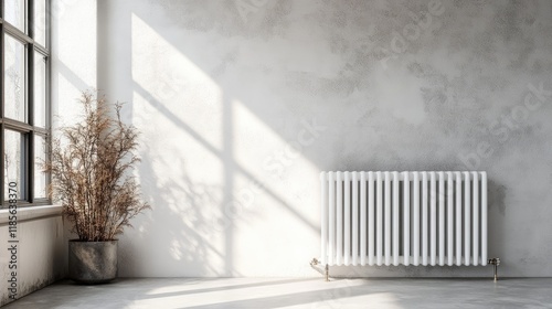 Radiator with open valve against a minimalist interior wall and natural light highlighting a decorative plant in a pot