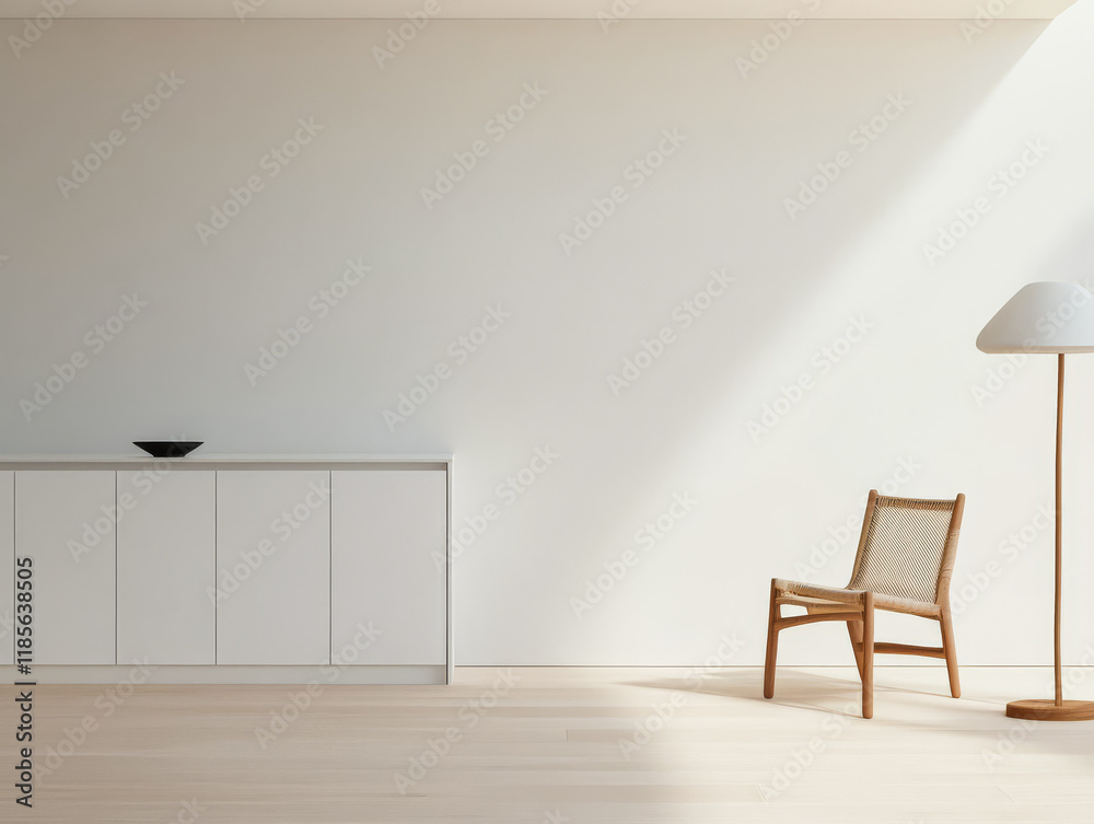 Fototapeta premium Minimalist interior design featuring a wooden chair and modern lamp in a serene space