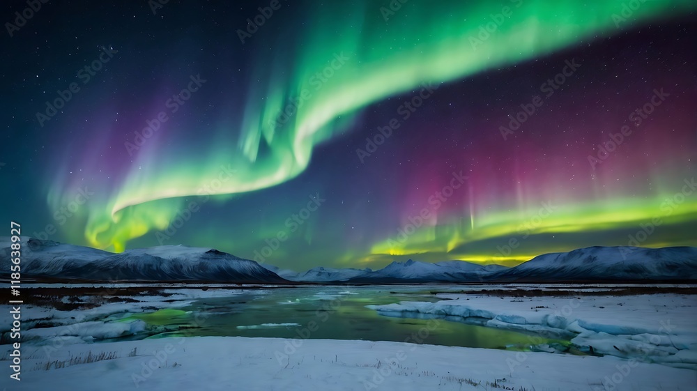 Naklejka premium A glowing colorful aurora over an icy tundra, with snow-covered hills and a starry sky .