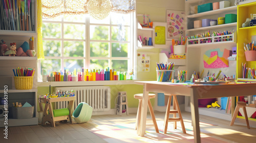 A creative arts and crafts room with neatly organized shelves, a large workspace table, and vibrant supplies like paints, brushes, and paper, creating an inspiring and colorful atmosphere for creativi