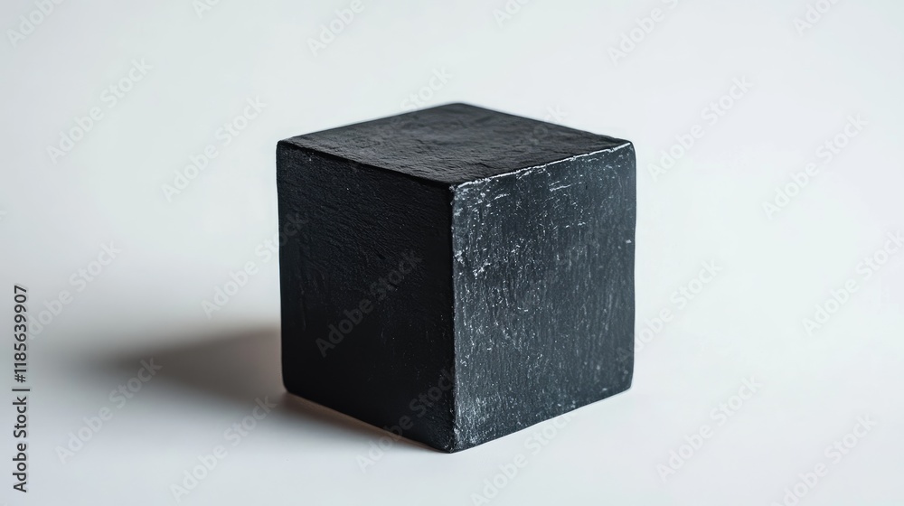 Minimalist black cube with textured surface isolated on clean white background showcasing geometric simplicity and modern design aesthetics. Minimalist black cube with textured surface isolated on clean white background showcasing geometric simplicity and modern design aesthetics.