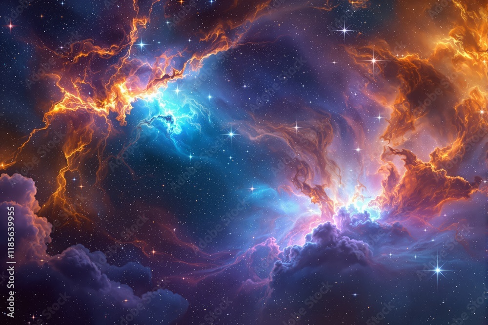 Obraz premium Stunning cosmic nebula with glowing orange and blue clouds, surrounded by twinkling stars in deep space, evoking the beauty of the universe. Ai generative