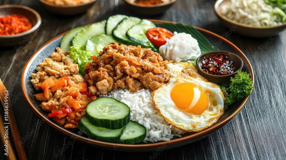 A colorful mix of fried rice with fresh vegetables, scrambled eggs, and pieces of chicken, all beautifully arranged on a dark wooden table. A colorful mix of fried rice with fresh vegetables, scrambled eggs, and pieces of chicken, all beautifully arranged on a dark wooden table.