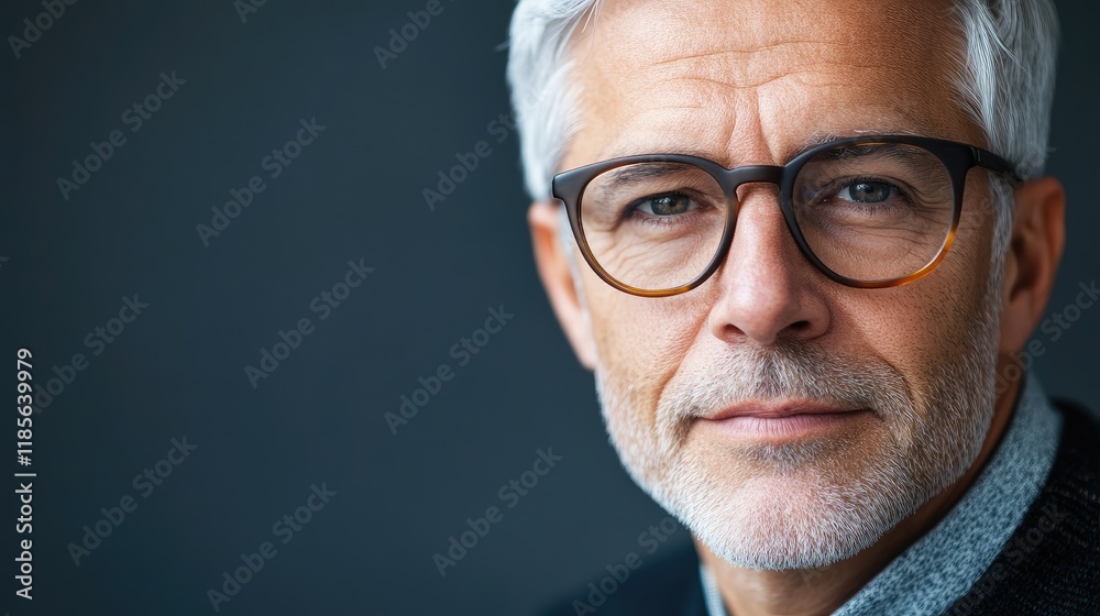 Obraz premium Senior business professional with glasses and grey hair against a dark background showcasing confidence and experience in the corporate world