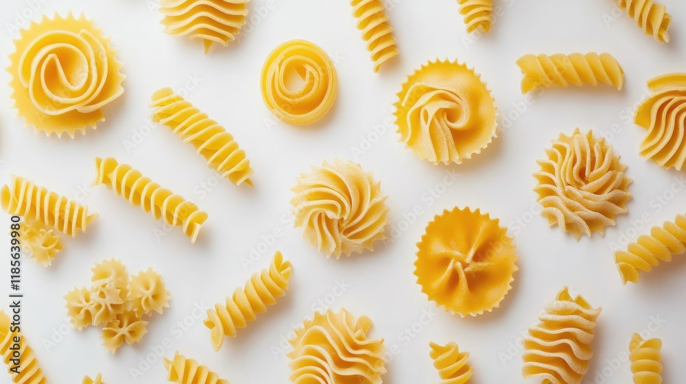 Variety of raw pasta shapes arranged on white background for culinary design and food presentation concepts Variety of raw pasta shapes arranged on white background for culinary design and food presentation concepts
