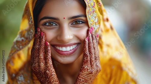 Joyful teenager showcasing vibrant henna tattoos and wearing a beautiful traditional salwar kameez in a cheerful outdoor setting photo