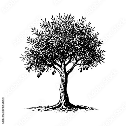olive tree sketch engraving black and white outline. Scratch board imitation.
