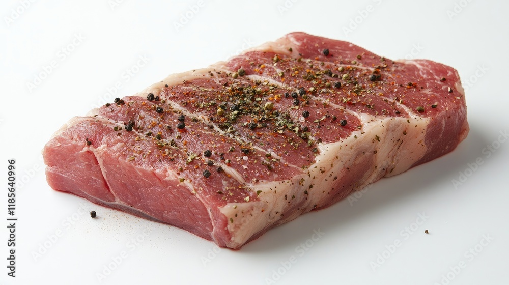 Raw pork steak seasoned with a blend of pepper and spices on a clean white background ready for culinary preparation Raw pork steak seasoned with a blend of pepper and spices on a clean white background ready for culinary preparation