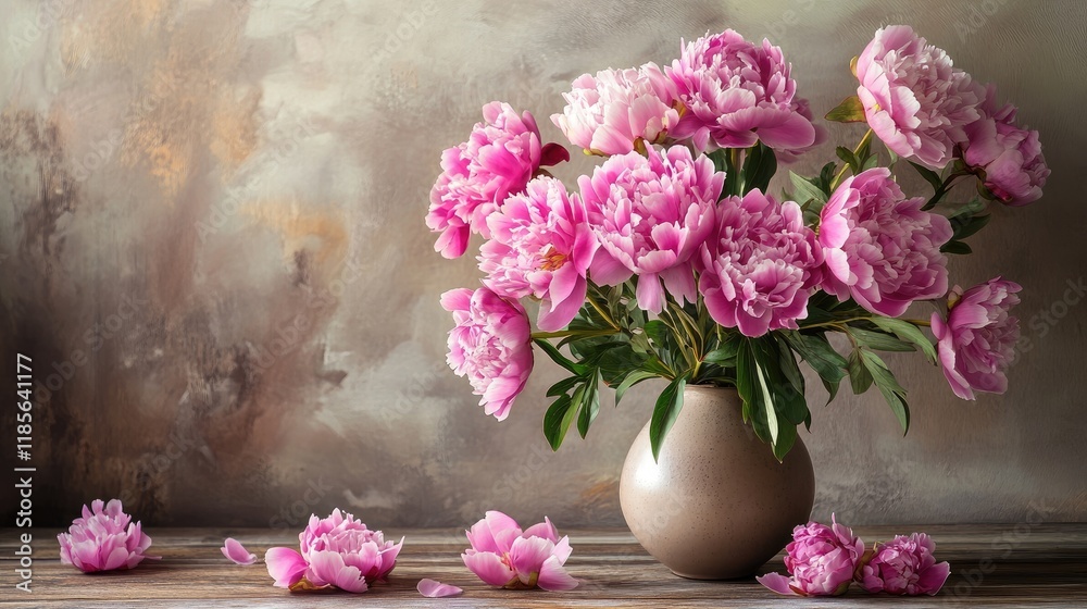 Pink peonies in elegant vase artfully arranged on rustic wooden floor against a softly textured background for floral aesthetics Pink peonies in elegant vase artfully arranged on rustic wooden floor against a softly textured background for floral aesthetics