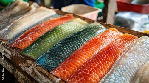 Vibrant display of colorful fish skin textures showcasing street food culture in a lively market setting with lush minimalist colors photo