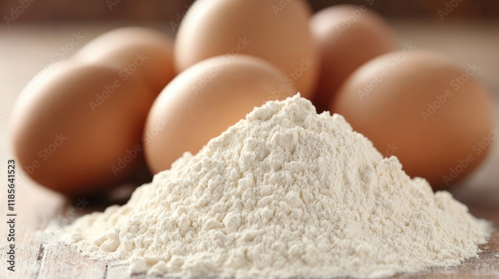 Ingredients of Baking Flour and Eggs Stacked on Wooden Table with Space for Text in Rustic Kitchen Setting Ingredients of Baking Flour and Eggs Stacked on Wooden Table with Space for Text in Rustic Kitchen Setting