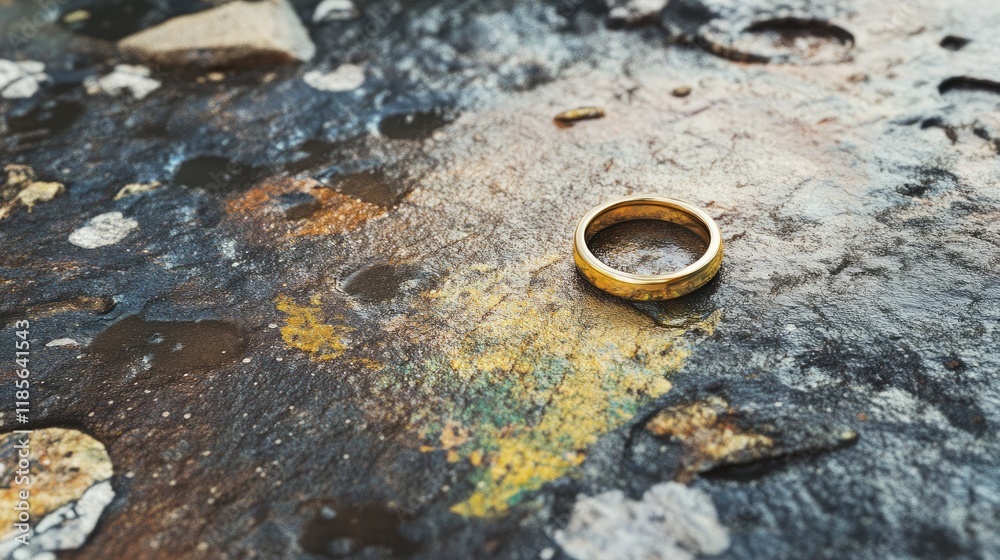 Close up of a gold ring resting on an aged and textured pavement surface highlighting intricate details and urban elements. Close up of a gold ring resting on an aged and textured pavement surface highlighting intricate details and urban elements.