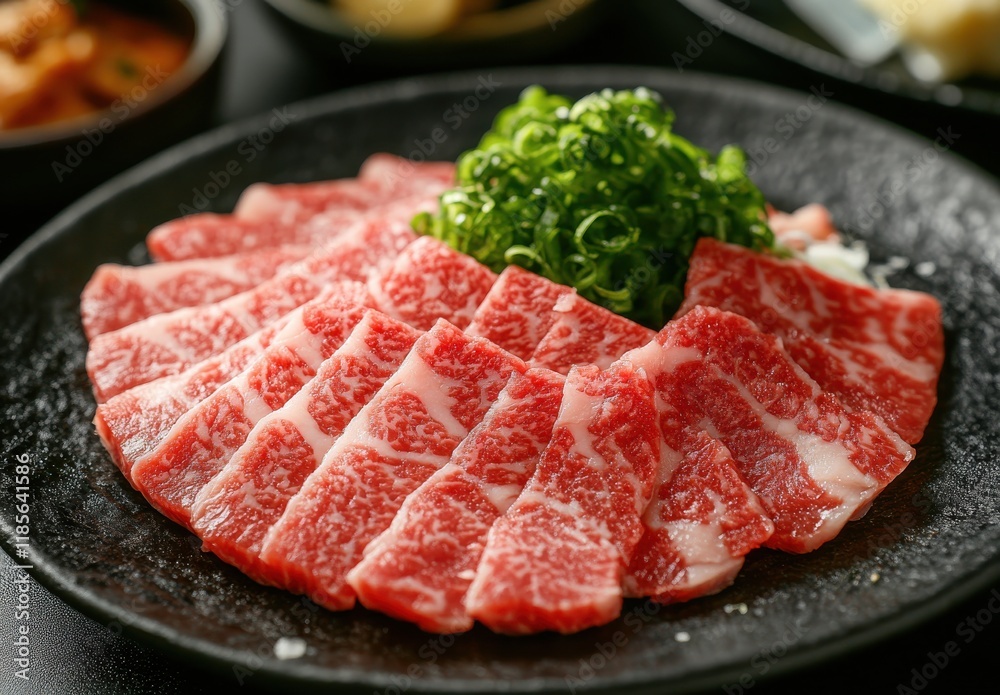 Freshly Sliced Premium Wagyu Beef with Garnish of Chopped Green Onions Presented on Sleek Black Plate Ready for Cooking or Grilling in Japanese Cuisine Freshly Sliced Premium Wagyu Beef with Garnish of Chopped Green Onions Presented on Sleek Black Plate Ready for Cooking or Grilling in Japanese Cuisine